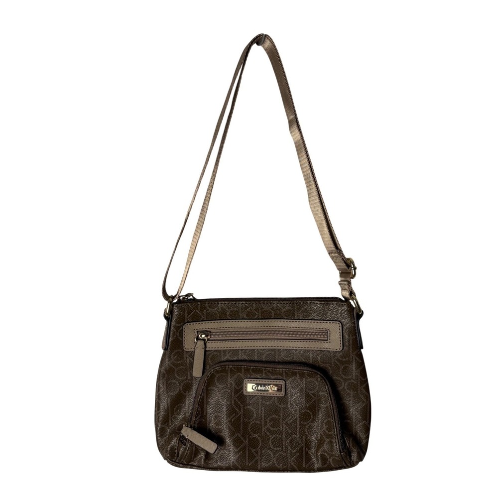 Calvin Klein CK Monogram Crossbody Shoulder Bag Brown Y2K Logo Purse Chic Casual